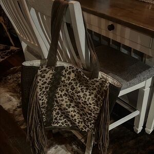 Leopard Print Fringe Tote Bag